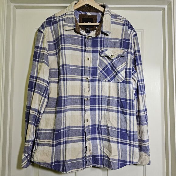 CQR Plaid Flannel Long Sleeve Corduroy Flip Cuff Shirt Blue White Men's Sz XL - Picture 1 of 9